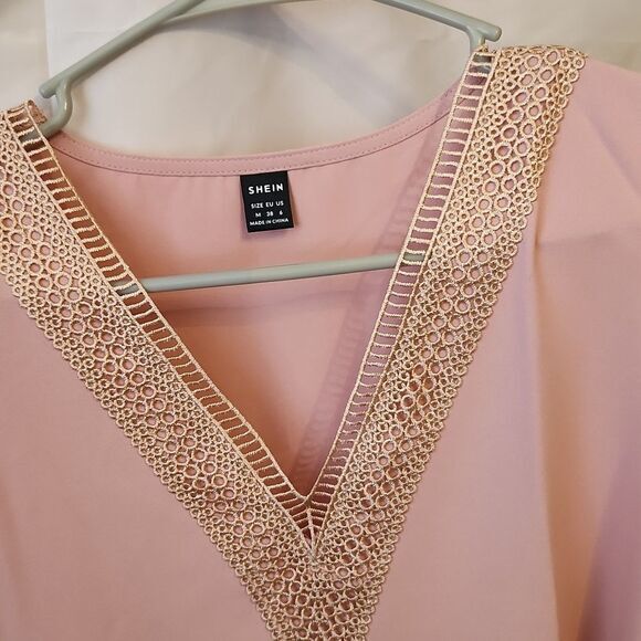 SHEIN Womens Lace Panel Pink Blouse Womens Vneck Tank Top‎ Shirt - Picture 4 of 9